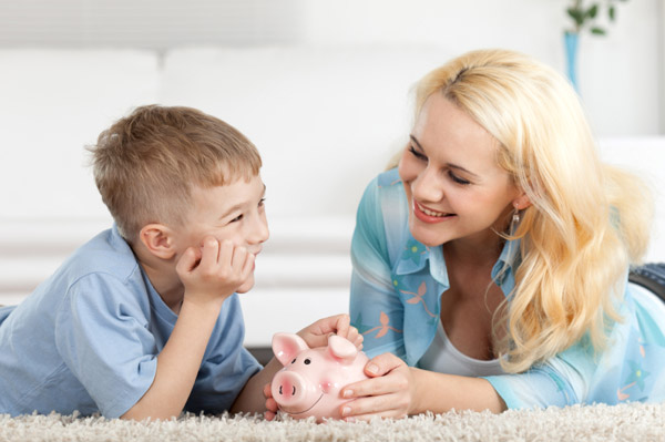 feb frugal forecast mother and son and piggy bank